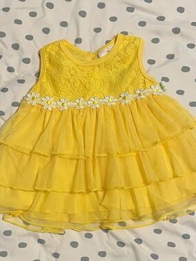Yellow Daisy Trim Tiered Tulle Dress for Kids